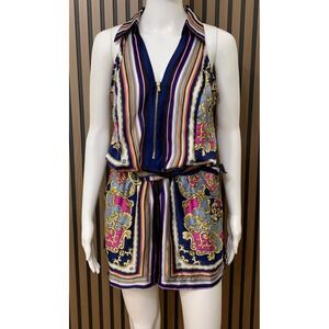 Cache Women's Baroque Scarf Print Romper Blue Pink Halter Zip Front Small